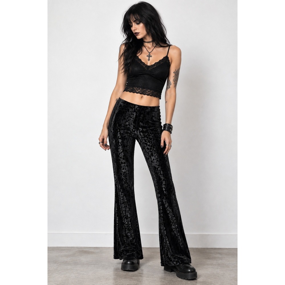 Gigio NWT Black Velvet M Flare Pants Floral Bell Bottom Gothic Boho Festival